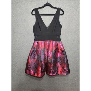 Xscape Black V Neck Floral Brocade Fit Flare Dress Women Size‎ 14 Cocktail Party